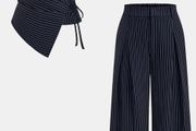 Pinstripe Wrap Tie Top &amp; Pants Set - Navy / L