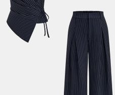 Pinstripe Wrap Tie Top & Pants Set - Navy / L