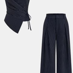 Pinstripe Wrap Tie Top & Pants Set - Navy / L