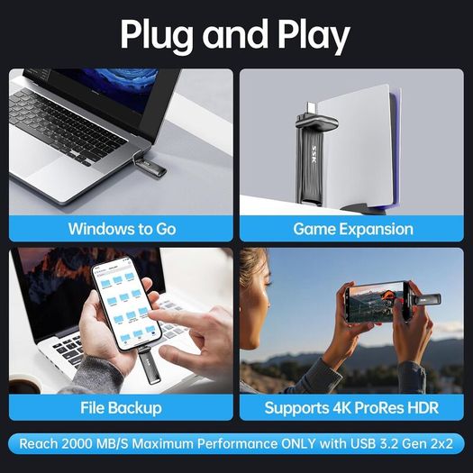 2TB Portable External SSD Flash Drive: SSK 2TB SSD USB C Stick