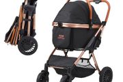 Pet Stroller, 4 Wheels Dog Stroller Rotate with Brakes, 66 lbs Weight Capacity, Puppy Stroller with Detachable Carrier, Storage Basket and Pet Pad, for Small to Medium Sized Dogs, Black