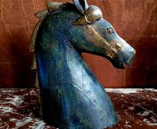 Vintage carved wood & brass horses head