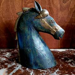 Vintage carved wood & brass horses head