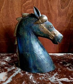 Vintage carved wood & brass horses head