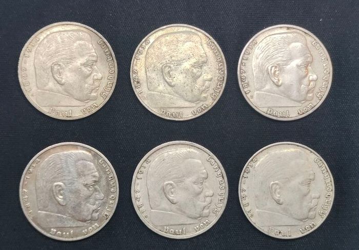 Complete Set - Germany 2 Reichsmark 1937 - All Mint Marks A,D,E,F,G,J