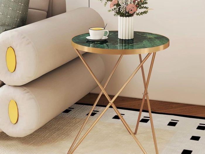 Round Coffe Table with Marble Effect Tabletop and Gold Metal Frame, Small Sofa Table Green Coffee Tables for Living Room, Bedroom, Sofa and Couch