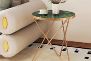 Round Coffe Table with Marble Effect Tabletop and Gold Metal Frame, Small Sofa Table Green Coffee Tables for Living Room, Bedroom, Sofa and Couch