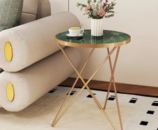 Round Coffe Table with Marble Effect Tabletop and Gold Metal Frame, Small Sofa Table Green Coffee Tables for Living Room, Bedroom, Sofa and Couch