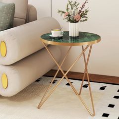 Round Coffe Table with Marble Effect Tabletop and Gold Metal Frame, Small Sofa Table Green Coffee Tables for Living Room, Bedroom, Sofa and Couch