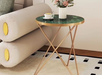 Round Coffe Table with Marble Effect Tabletop and Gold Metal Frame, Small Sofa Table Green Coffee Tables for Living Room, Bedroom, Sofa and Couch