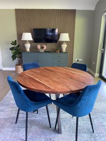 Solid 120cm round Acacia Dining Table & 4 Velvet Chairs.