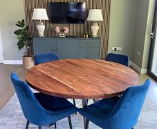 Solid 120cm round Acacia Dining Table & 4 Velvet Chairs.