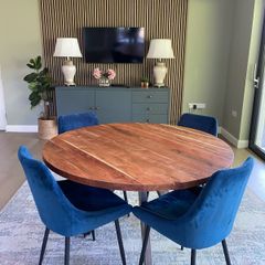 Solid 120cm round Acacia Dining Table & 4 Velvet Chairs.