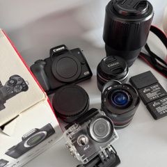 Canon EOS M50 Mark II + 15-45mm + Sigma 70-300mm + Fisheye + Batteries + Viltrox adapter + Apex 4K Camera