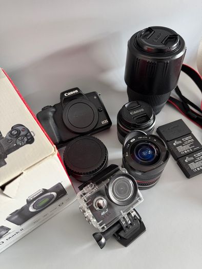 Canon EOS M50 Mark II + 15-45mm + Sigma 70-300mm + Fisheye + Batteries + Viltrox adapter + Apex 4K Camera