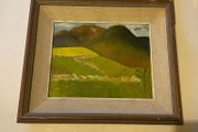 An original regional landscape painting depicting a mountainous Irish rural scene with traditional dry-stone walls, rolling green pastures, and a patch of bright yellow crop or gorse under an overcast sky