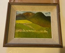 An original regional landscape painting depicting a mountainous Irish rural scene with traditional dry-stone walls, rolling green pastures, and a patch of bright yellow crop or gorse under an overcast sky