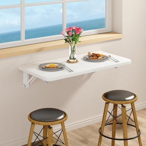 Wall Mounted Folding Table, Floating Wall Desk for Small Spaces, Fold Down Laundry Shelf with Heavy-Duty Brackets