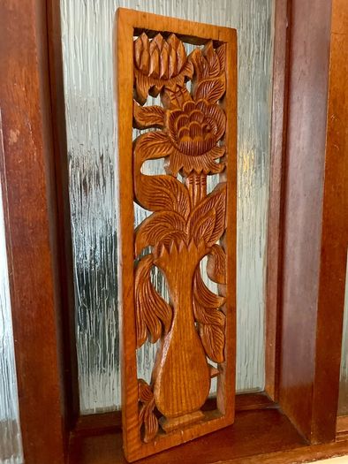 Hand Carved Long Balinese Wooden Sunflower Floral Relief Wall Art Decor Panel
