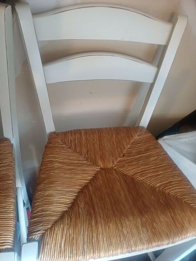 counter top high chairs, white with wicker seats. Slight wear as shown on 1 but 2 in very good condition. Slight distressed  style.