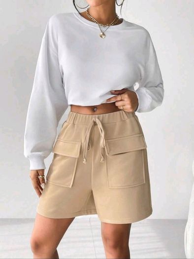 Flap Pocket Tie-Waist Apricot Shorts S