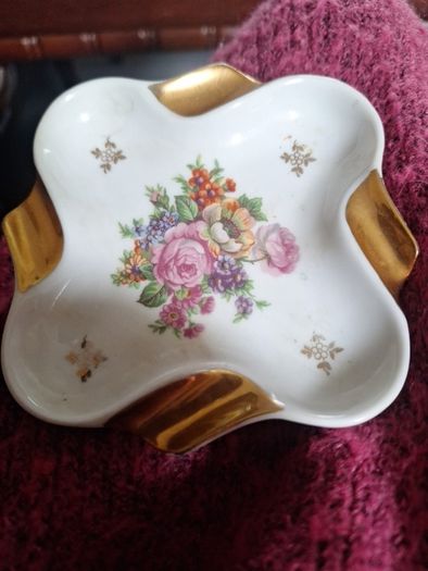 Vintage Limoges France Porcelain Floral Trinket Dish Ashtray, Jammet Seignolles Lourdes Souvenir