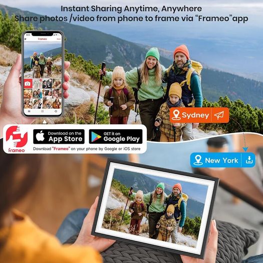 WiFi Digital Photo Frame 1280x800 HD IPS Touchscreen, 32GB Storage, Auto-Rotate, Wall-Mountable for Sharing Photos & Videos