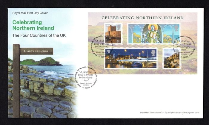 2008 Great Britain Celebrating Northern Ireland Commemorative Stamps Miniature Sheet addressed First Day Cover (FDC) with Edinburgh pictorial cancel