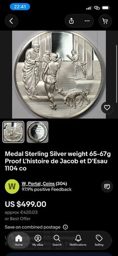 Medal Sterling Silver 925  weight 65gProof L'histoire de Jacob et D'Esau 1104 co