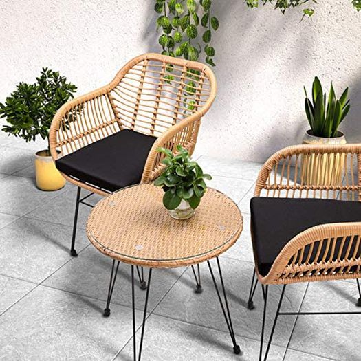 _3-Piece. Balcony Set Side Table 2 Lounge Chairs Indoor Outdoor Weatherproof Natural Poly Rattan Look Garden Balcony Set