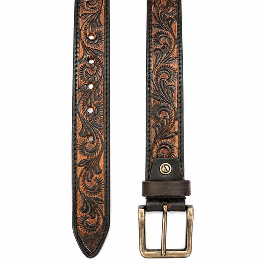 Unisex Genuine Leather Belt Vintage Embossed Design with Antique Buckle Casual & Formal Waist Belt