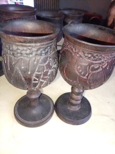 Set of 6 Hand-Carved African Wildlife Wooden Goblets  Vintage