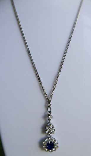 Vintage Circa 1990s 18k white Gold 750 Natural Diamonds and Sapphire Decorated Necklace L 13,5" - 10,80g