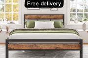 Double Bed Frame with Wood Headboard