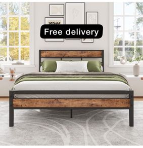 Double Bed Frame with Wood Headboard