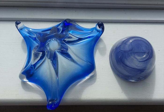 Fabulous Pair of Two Vintage Small Hand-Blown Art Glass Pieces in Shades of Bright Blue and Cornflower Blue, Sold as a Pair