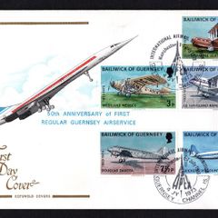 1973 Guernsey 50th Anniversary of First Regular Guernsey Air Services Commemorative Stamps Cotswold First Day Cover (FDC) showing Concorde