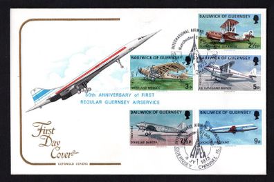 1973 Guernsey 50th Anniversary of First Regular Guernsey Air Services Commemorative Stamps Cotswold First Day Cover (FDC) showing Concorde
