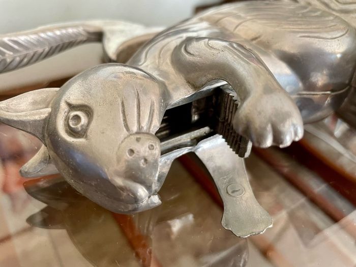 Vintage Aluminum Metal Squirrel on Log Nutcracker