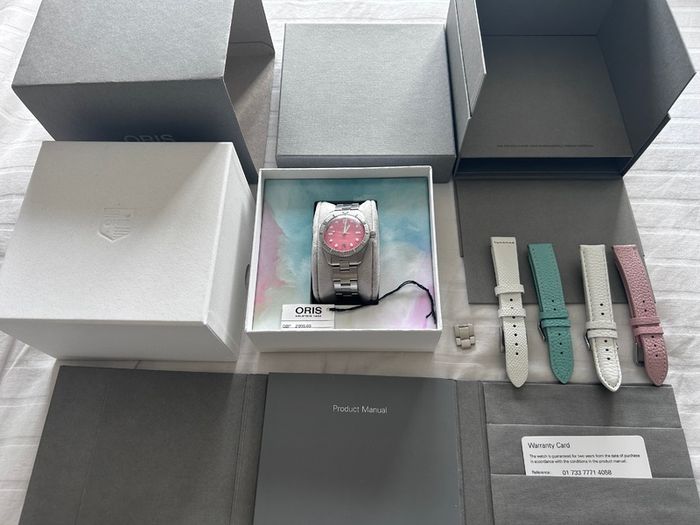 Oris Diver 65 cotton candy pink dial watch