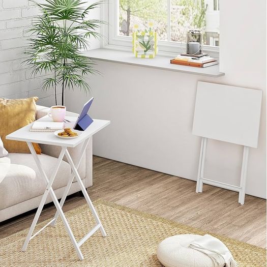 Side Table 2 Set, Folding Tables, TV Tray Table, Snack Table for Eating, Small Sofa End Laptop Drinks Coffee Table for Small Space, Living Room, Industrial, Metal Frame, White
