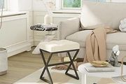 Vanity Stool, Linen Footrest Stool, Square Ottoman Bench with X-Shaped Metal Legs, Makeup Dressing Stool for Vanity, Living Room, Bedroom, Entryway, Hallways Beige