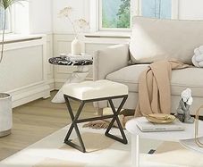 Vanity Stool, Linen Footrest Stool, Square Ottoman Bench with X-Shaped Metal Legs, Makeup Dressing Stool for Vanity, Living Room, Bedroom, Entryway, Hallways Beige