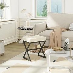 Vanity Stool, Linen Footrest Stool, Square Ottoman Bench with X-Shaped Metal Legs, Makeup Dressing Stool for Vanity, Living Room, Bedroom, Entryway, Hallways Beige