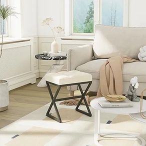 Vanity Stool, Linen Footrest Stool, Square Ottoman Bench with X-Shaped Metal Legs, Makeup Dressing Stool for Vanity, Living Room, Bedroom, Entryway, Hallways Beige