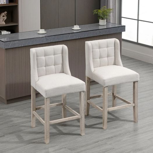 Set of 2 Bar Stools with Button Tufting, Solid Wood, incl. Footrest, 47 cm x 50 cm x 101 cm, Gray + Natural