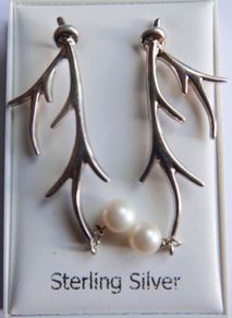 Vintage Sterling Silver 925 Antler Earrings Feature a Unique Branch-like Design Accented with Dangling White Pearls