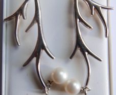 Vintage Sterling Silver 925 Antler Earrings Feature a Unique Branch-like Design Accented with Dangling White Pearls