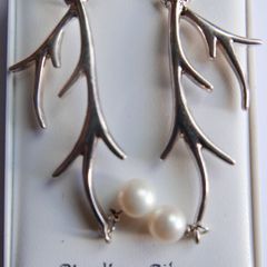 Vintage Sterling Silver 925 Antler Earrings Feature a Unique Branch-like Design Accented with Dangling White Pearls