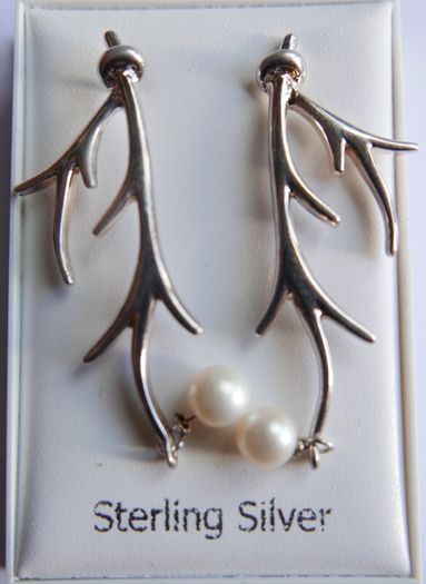 Vintage Sterling Silver 925 Antler Earrings Feature a Unique Branch-like Design Accented with Dangling White Pearls